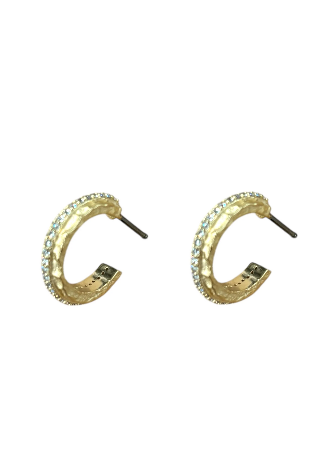 Women's gold mini hoop earrings with a lined CZ studded center