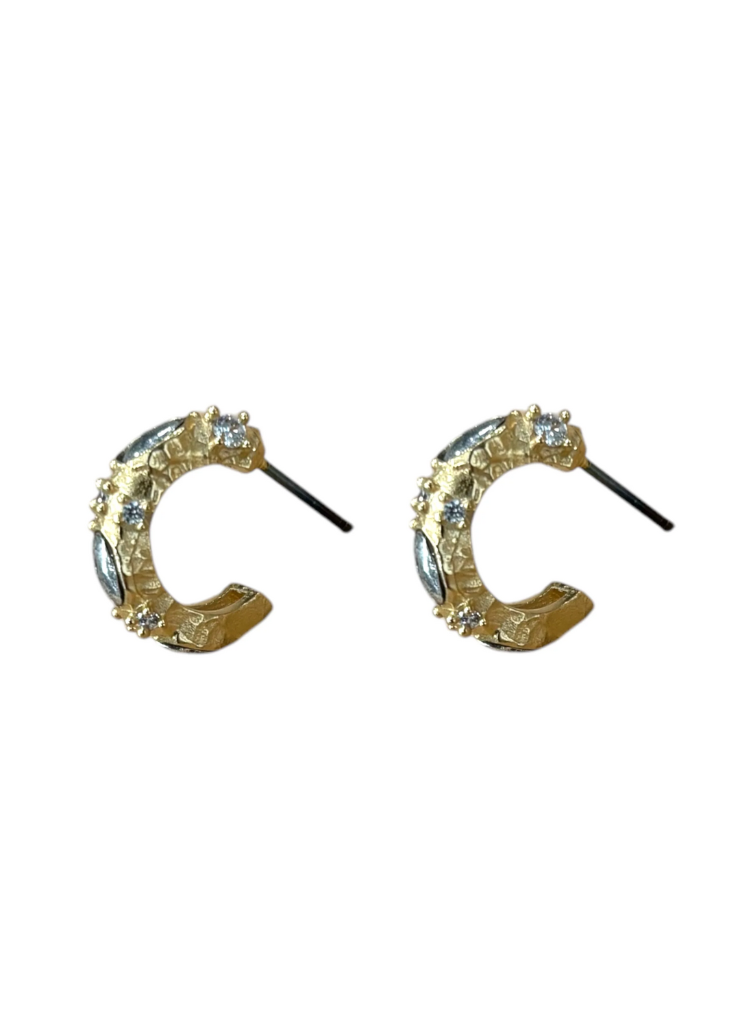 Women's gold mini hoop earrings with silver coin and CZ accents