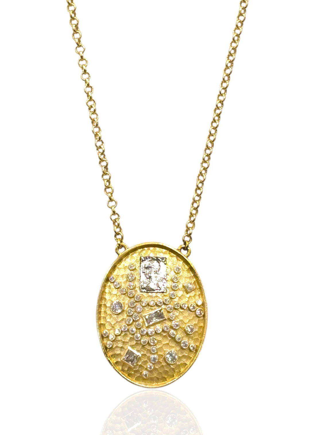 Gold pendant necklace with CZ and vintage silver accents