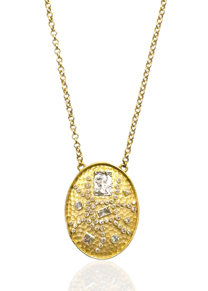 Gold pendant necklace with CZ and vintage silver accents