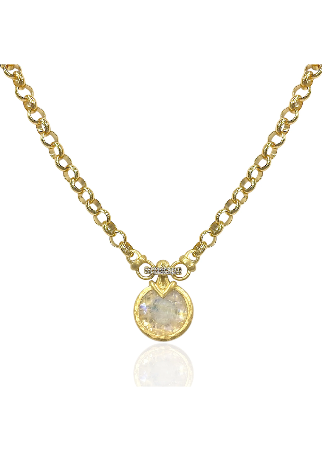 Gold chain necklace with a rainbow moonstone pendant on a white background