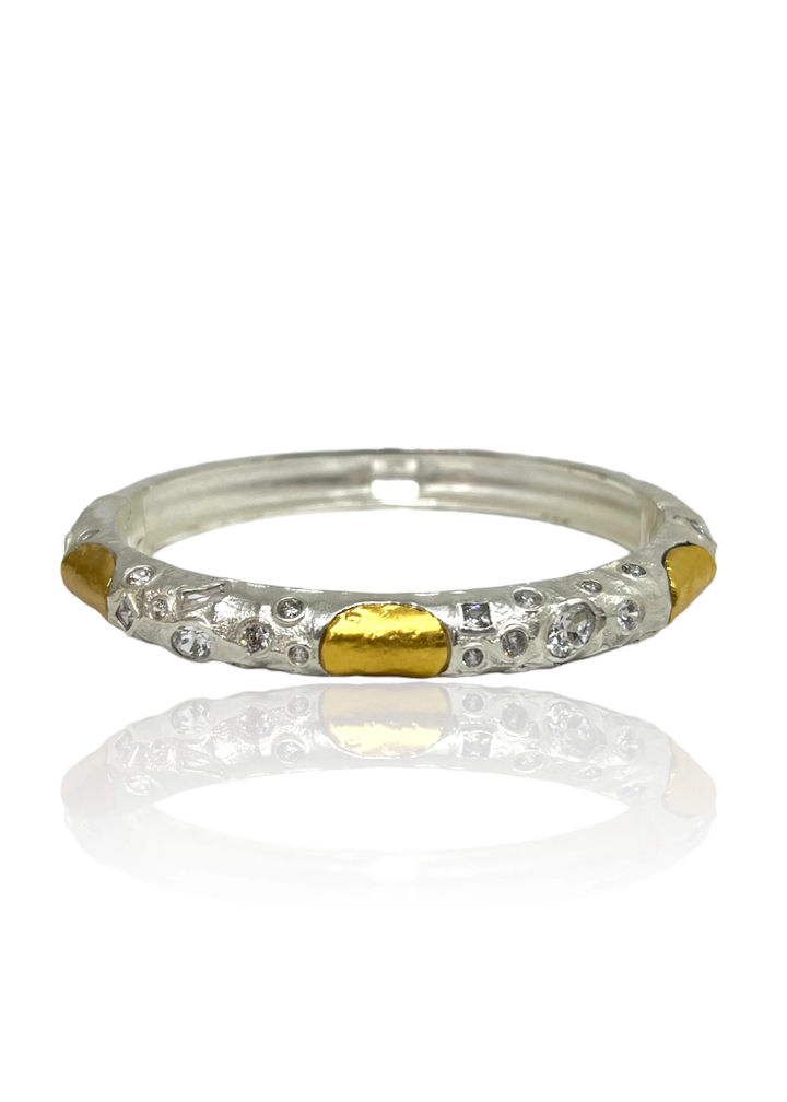 Silver bangle bracelet with gold coin and CZ studding