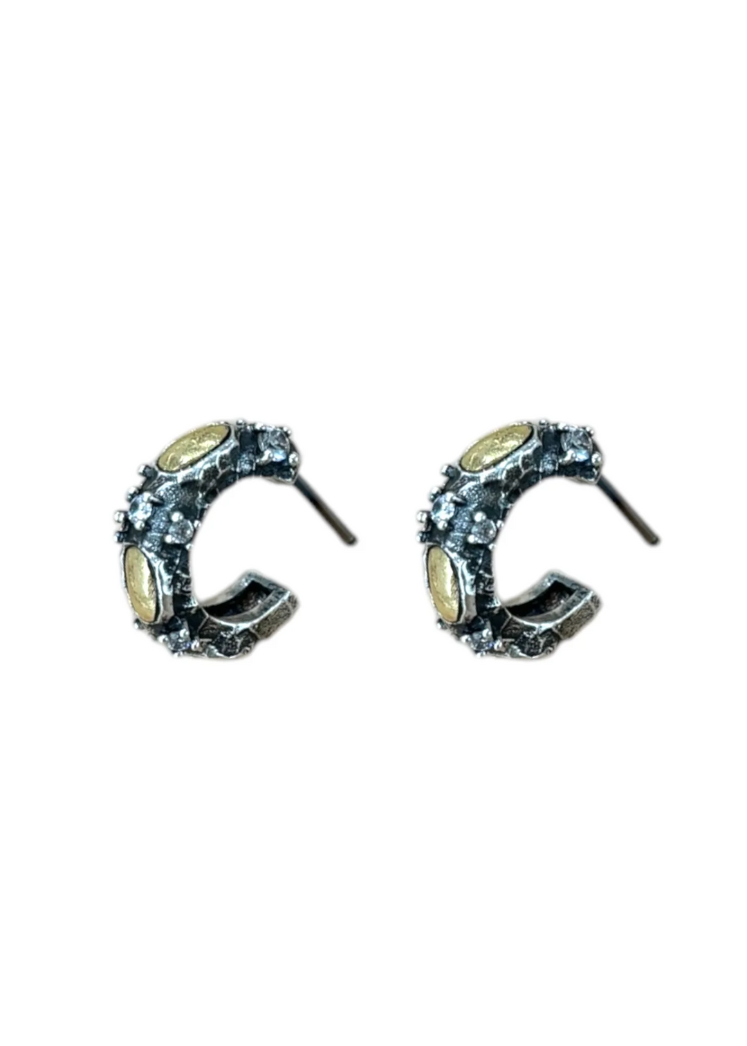 Women's vintage silver mini hoops with gold coin and CZ accents