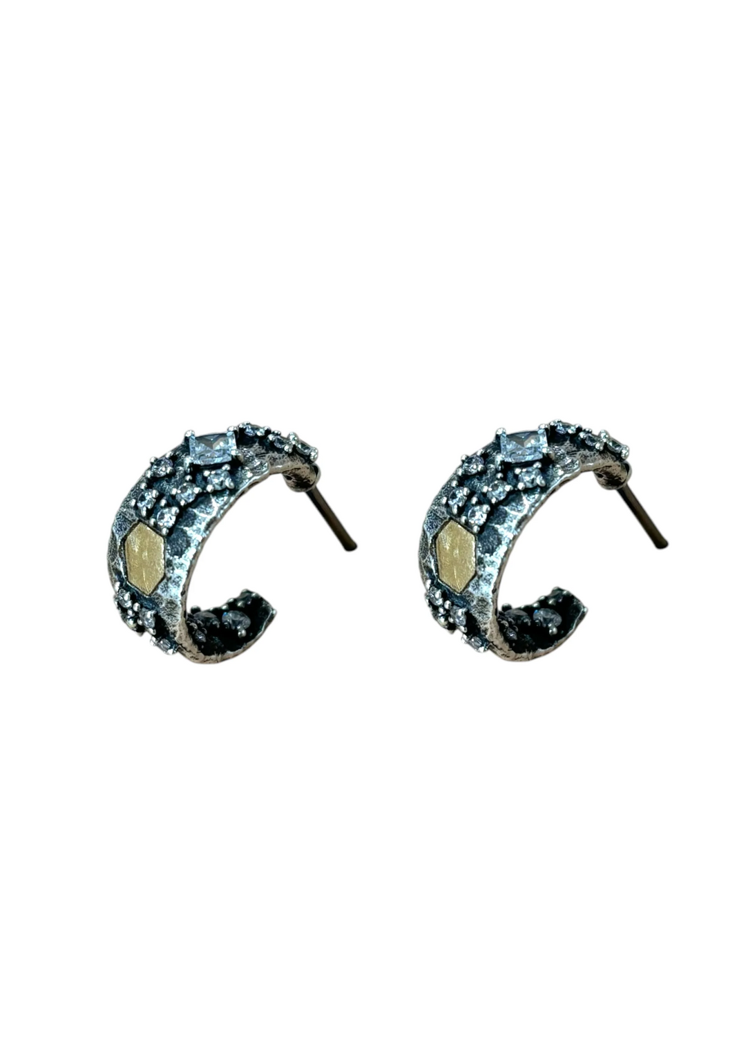 Women's vintage silver mini hoop earrings with gold coin and CZ accents