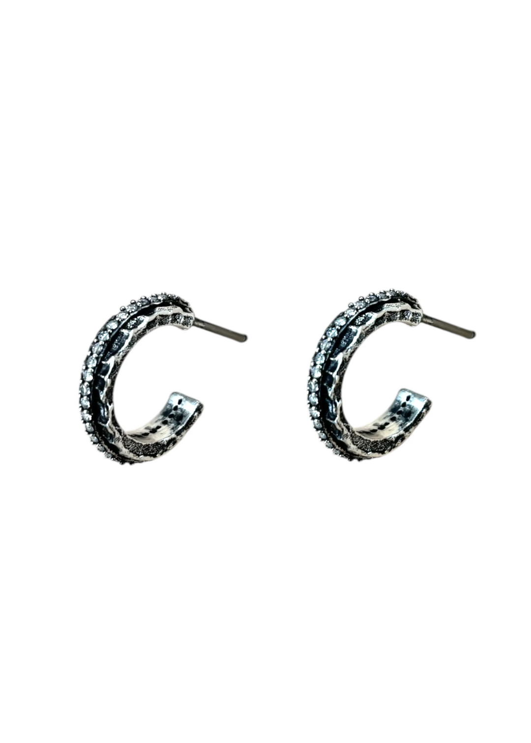 Women's vintage silver hammered mini hoop earrings with a line of pronged CZ's down the middle
