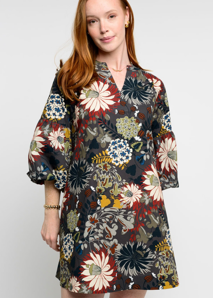 women's black floral split neck dress with 3/4 balloon sleeves