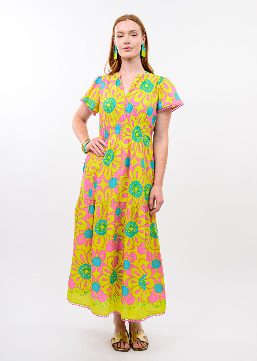 Woman wearing a yellow, pink, and blue floral print midi dress