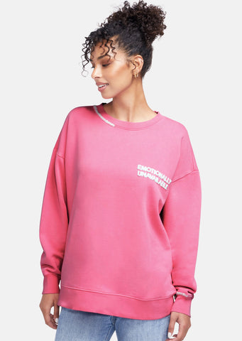 pink sweatshirt with "emotionally unavailable" written on left chest, embroidered details on collar, and embroidered heart on the back