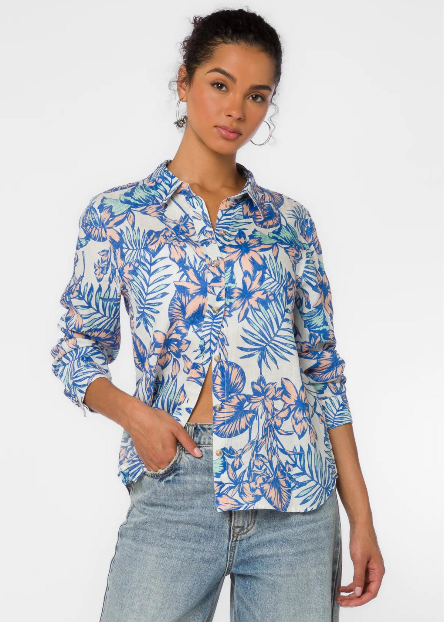 blue and pink floral print button down resort top
