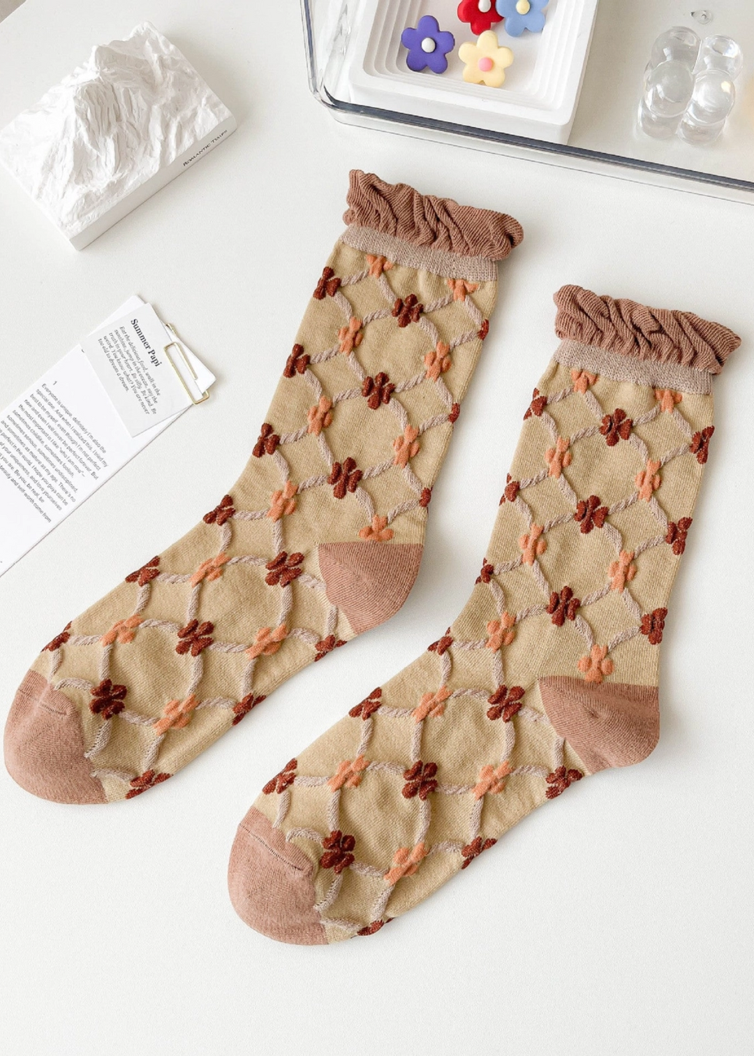 women's tan, burn orange, peach, and dusty rose embossed crew socks