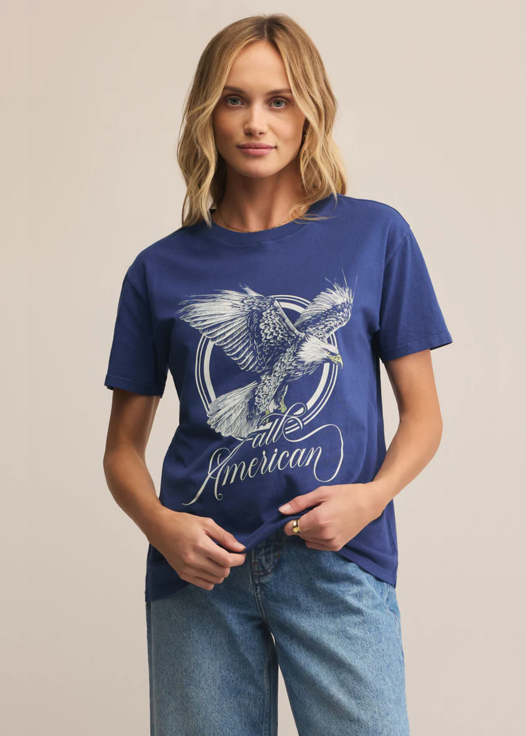 Z Supply All American Boyfriend Tee in yacht Blue with a Bald Eagle and "all American" graphic