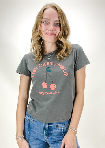 charcoal washed black short sleeve tee with cherry "mon cherie amour. my dear love" graphic printed on front