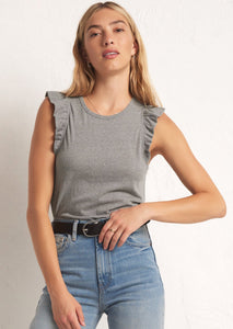 heather grey round neck tank top with ruffle straps