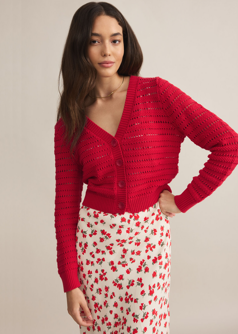 red textured knit v-neck hip rop Cadigan sweater