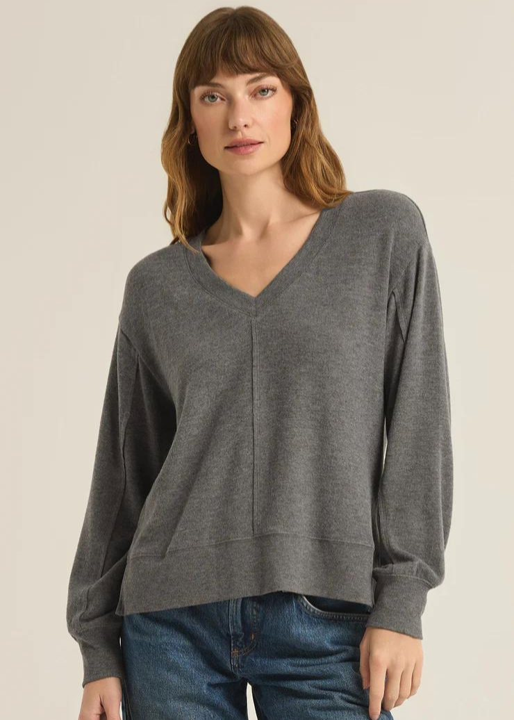 heather charcoal grey long sleeve v neck top