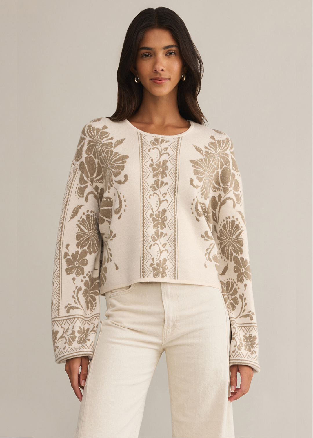 off white and taupe floral hip length wide sleeve sweater