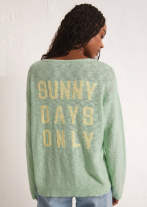 mint green sweater with "sunny days only" knit in yellow