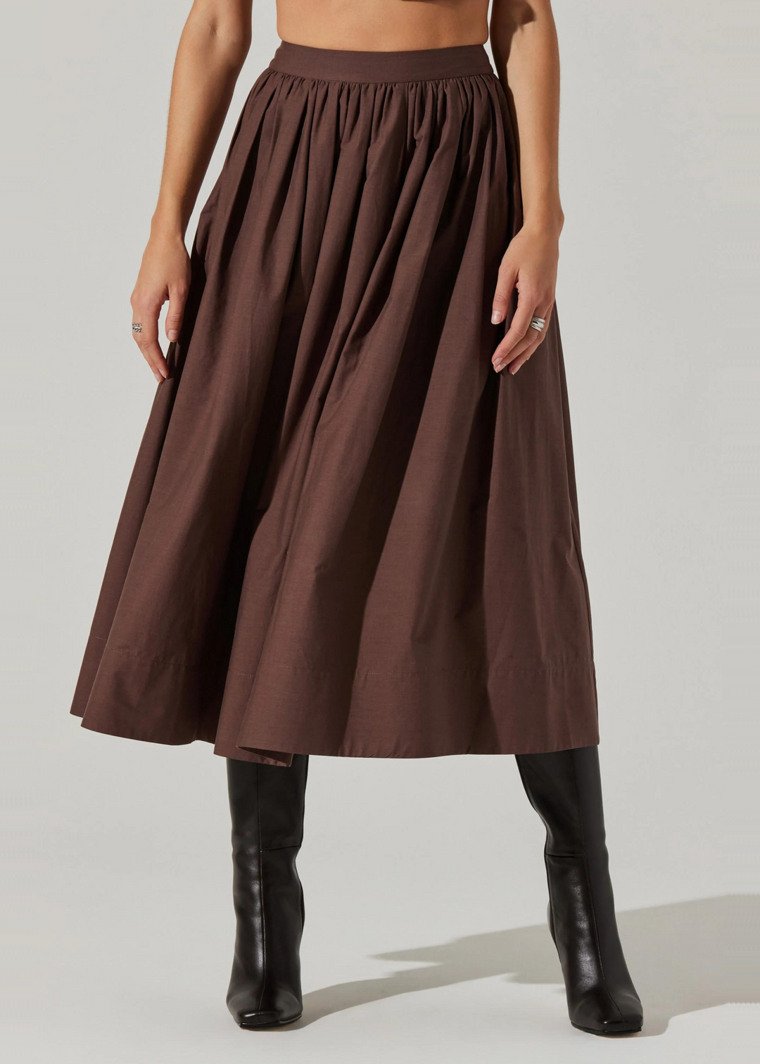 mushroom brown gathered midi skirt