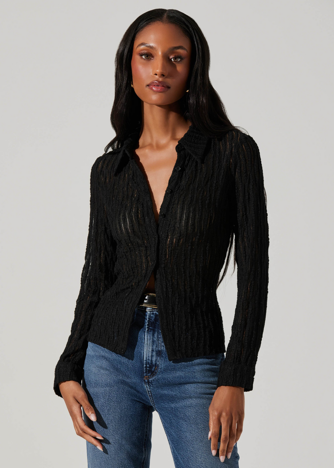 black knit semi sheer collared fitted button down top