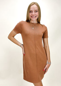 hazelnut burnt orange short sleeve tee shirt style dress with seam down front and ribbed collar