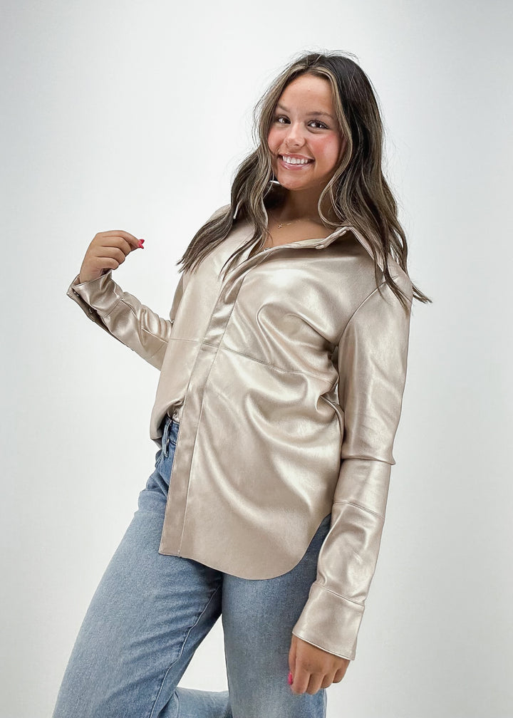 pale gold faux leather collared button down top