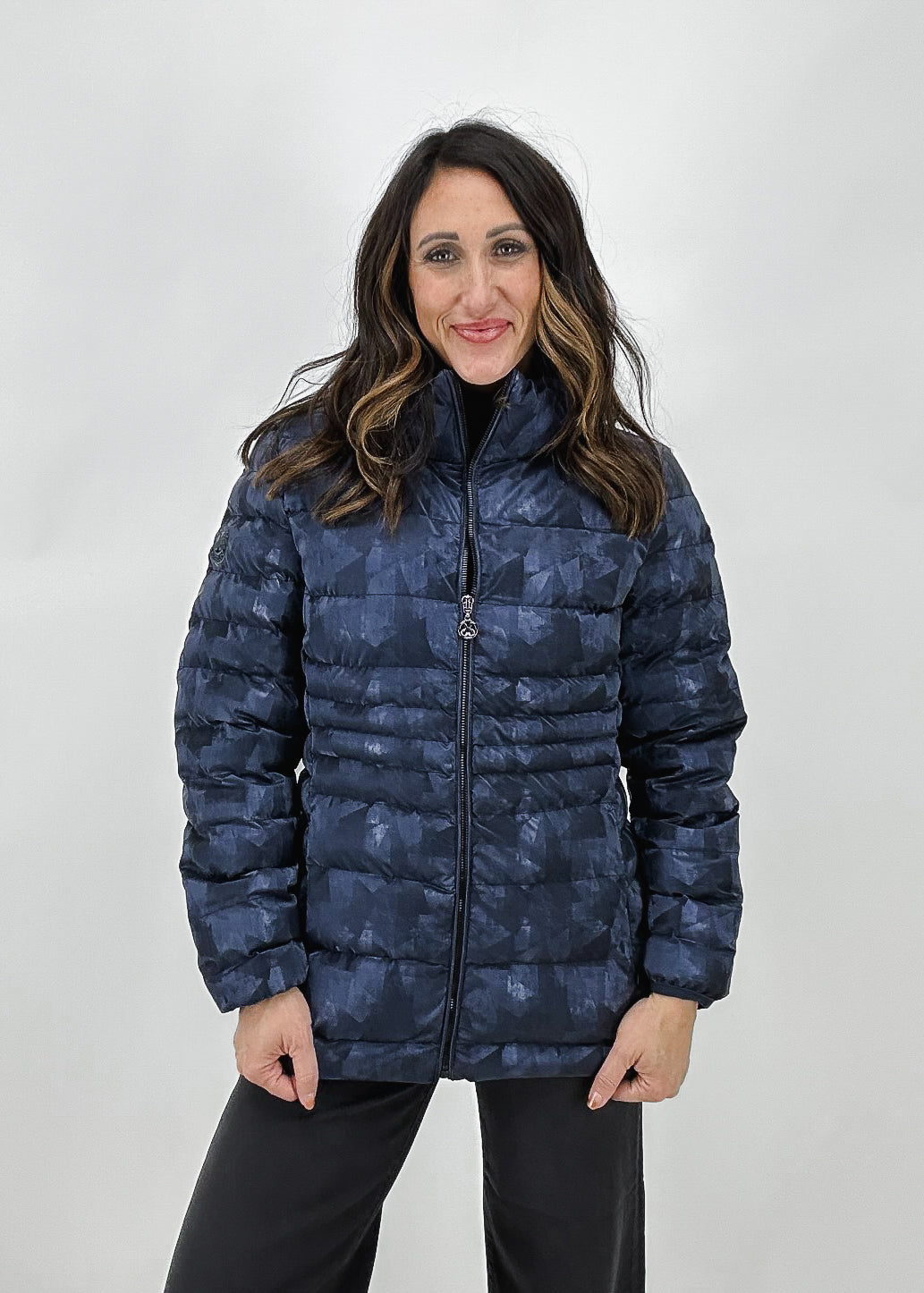 navy blue washed printed women's tunic puffer coat