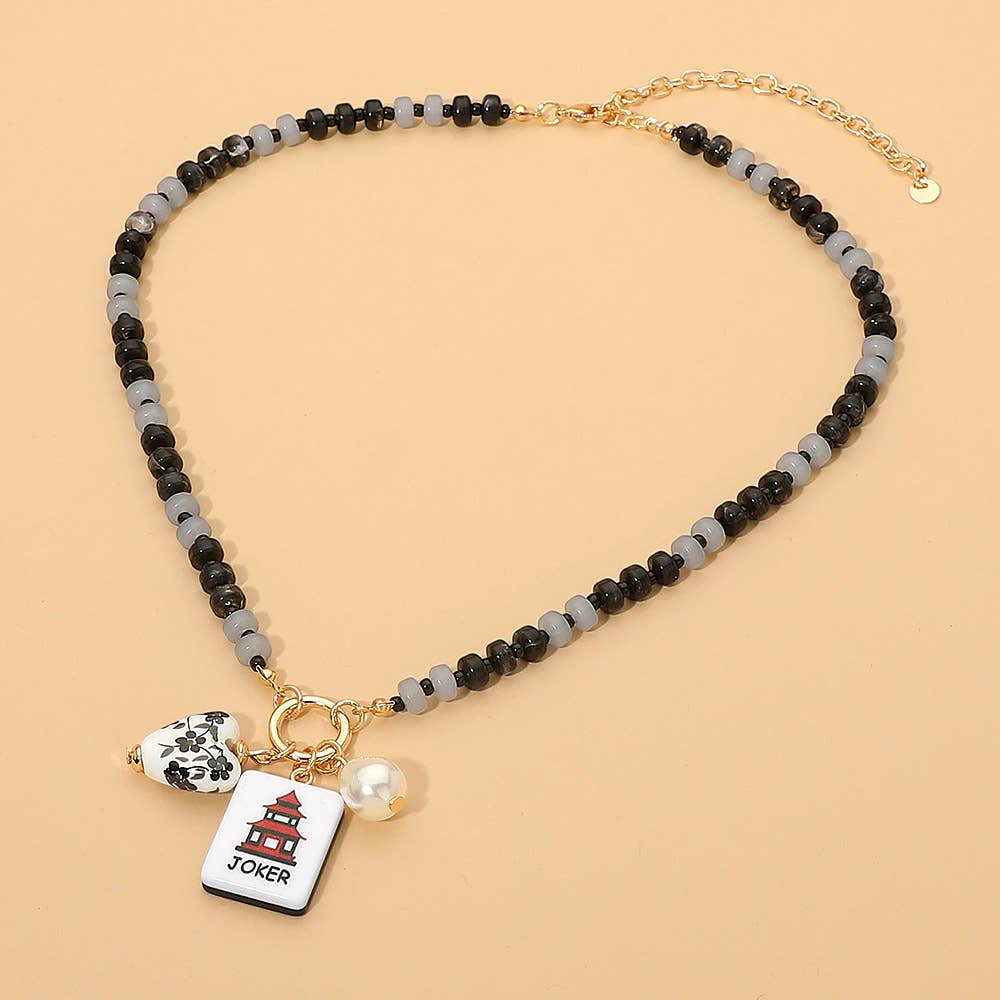 Mahjong Tile Charm Beaded Necklace - Black
