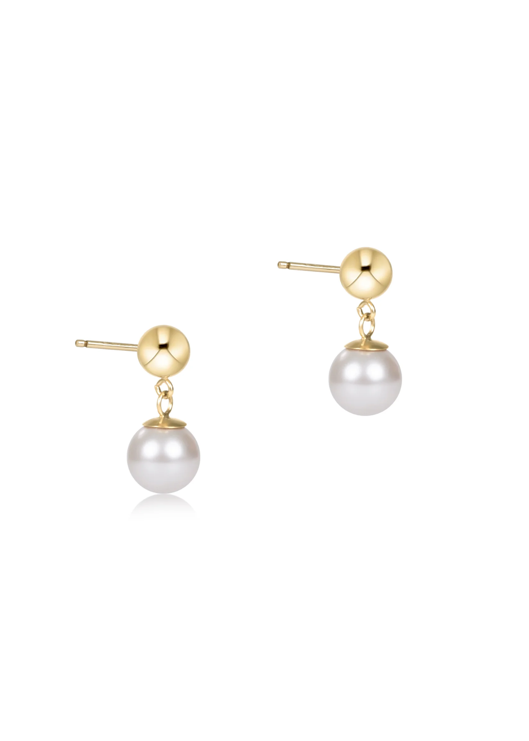 Gold stud earrings with a drop pearl on a white background