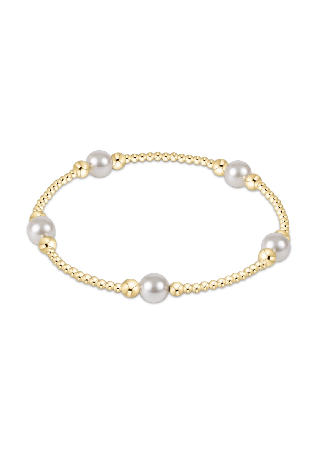 Pearl and gold beaded bracelet on a white background