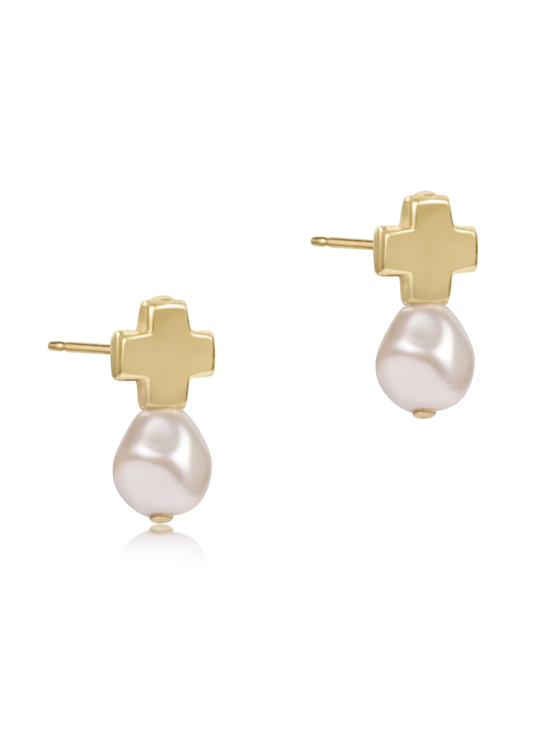 Gold cross studs with a pearl on a white background