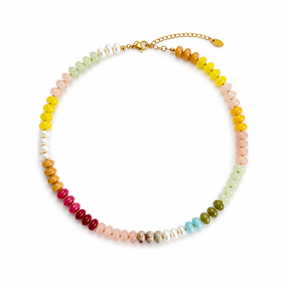 Multicolored beaded necklace on a white background