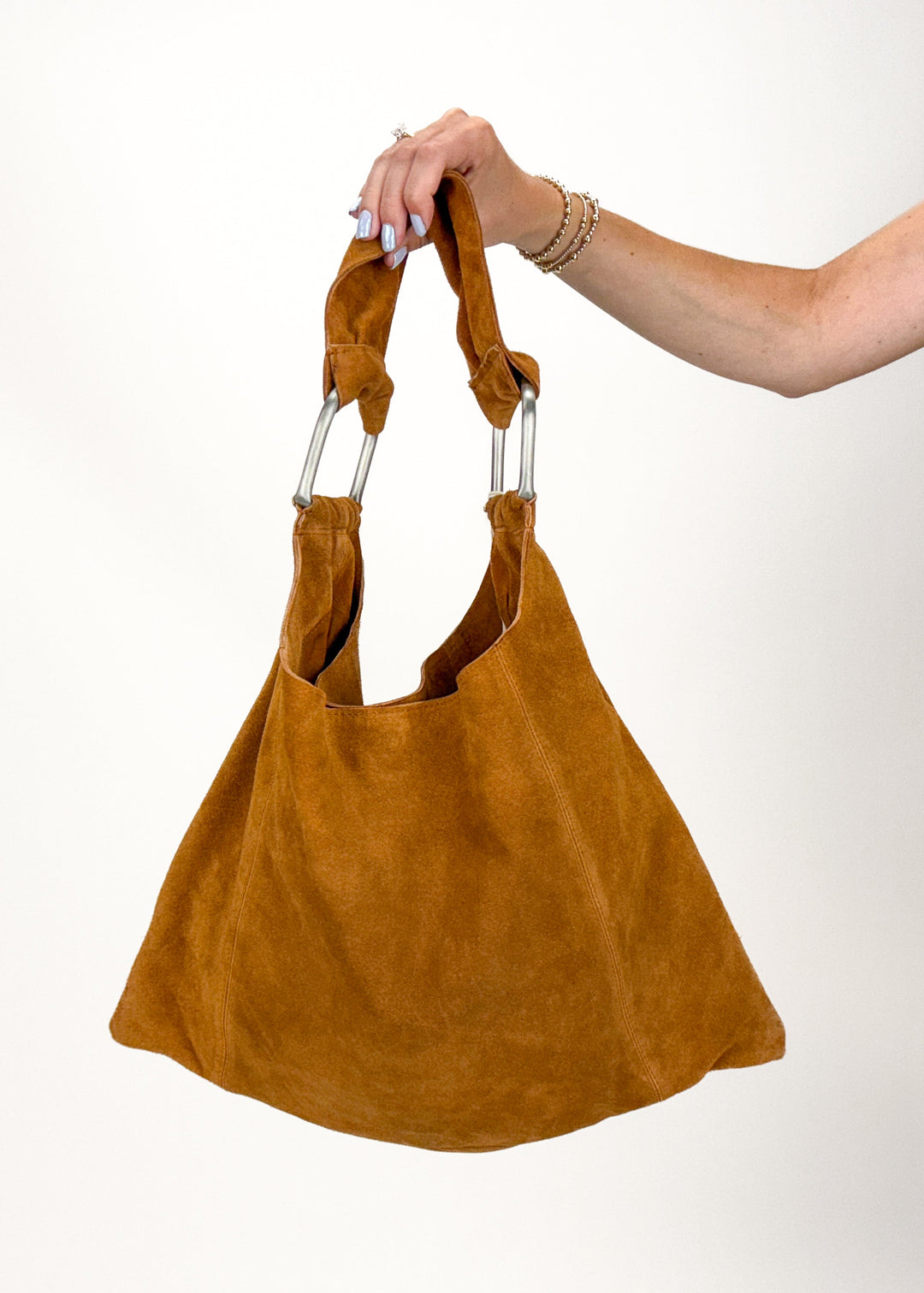 brown dude tote bag with silver accents