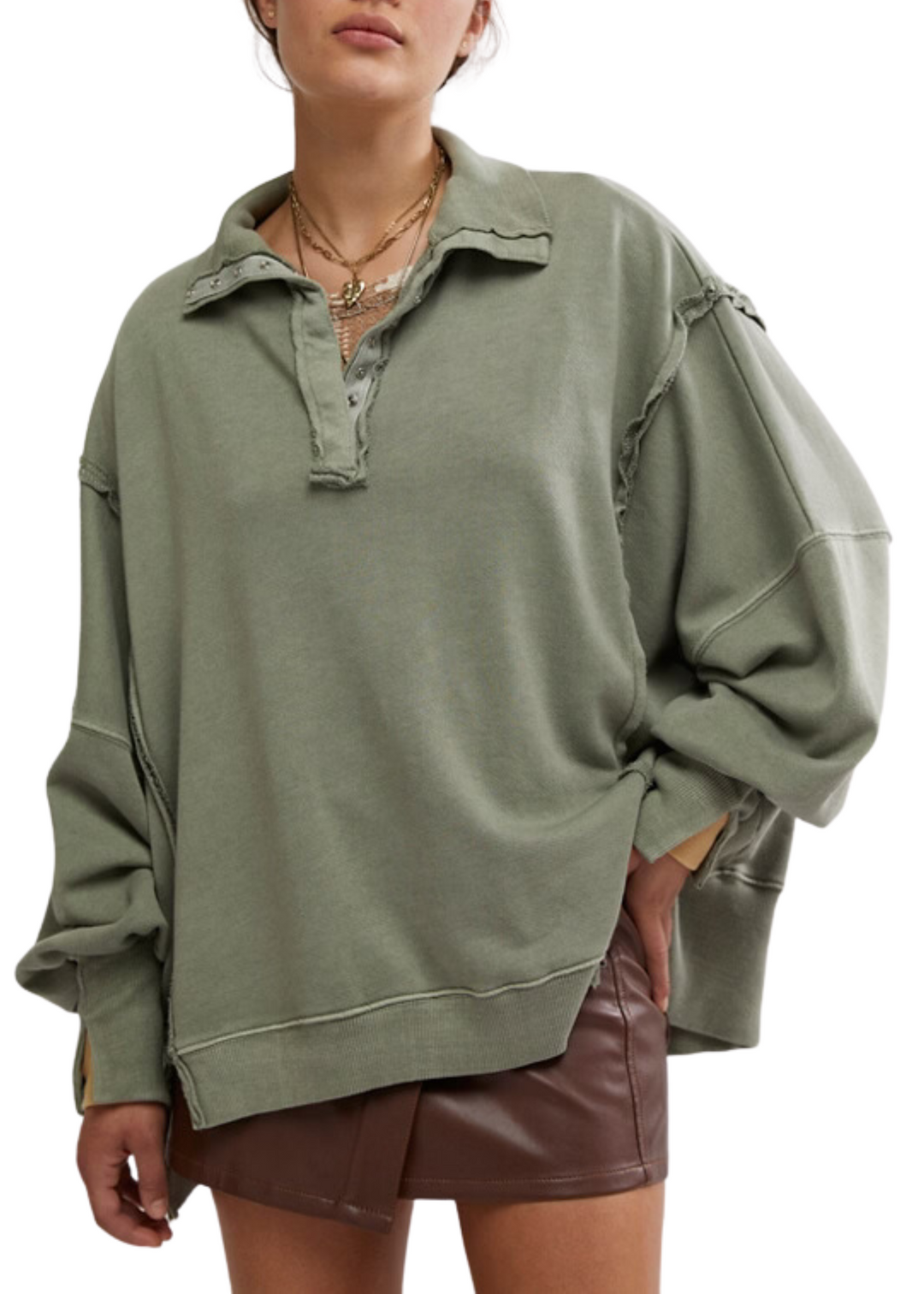 green collared henley oversized sweatshirt with exposed seam details