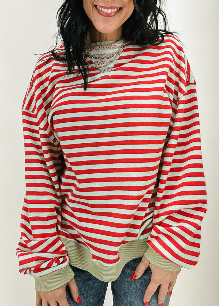 Free People Classic Striped Oversized Crewneck - Cherry Combo