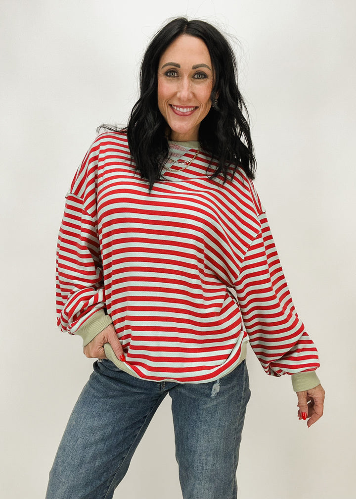 Free People Classic Striped Oversized Crewneck - Cherry Combo