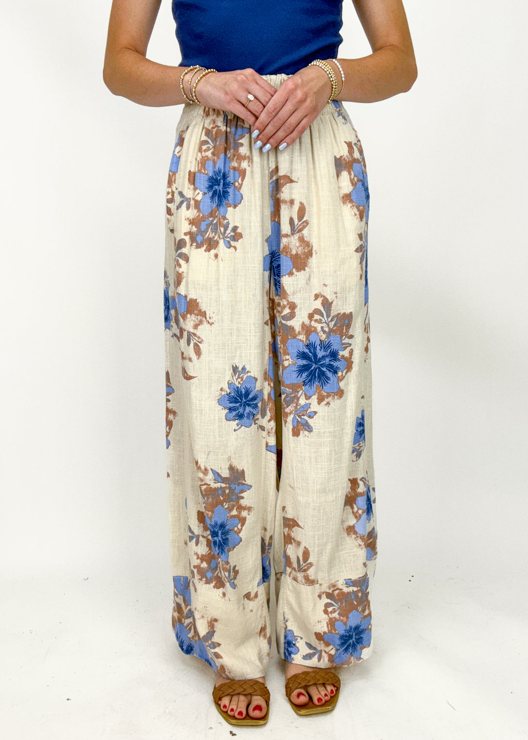 cream and blue floral print wide leg elastic waistband pants