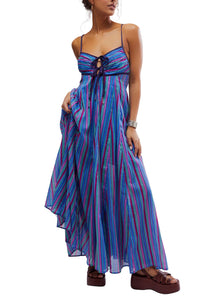 teal, blue, and pink stripe maxi dress with dramatic skirt and keyhole neckline