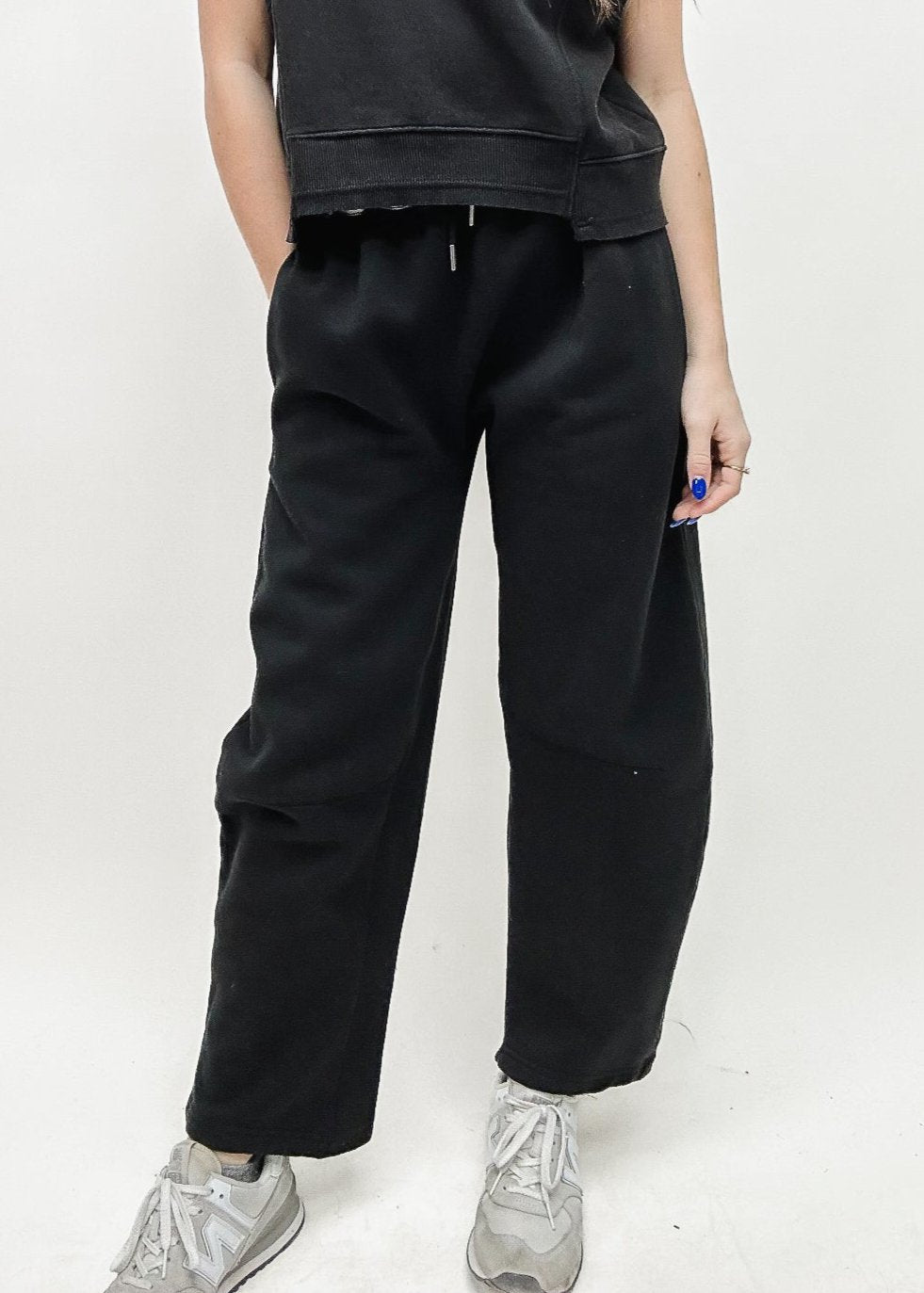 black barrel leg wide leg sweatpants with heather grey waistband