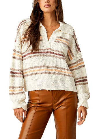 cream split neck collared relaxed fit sweater with dusty pink, plum, and peach horizontal stripes