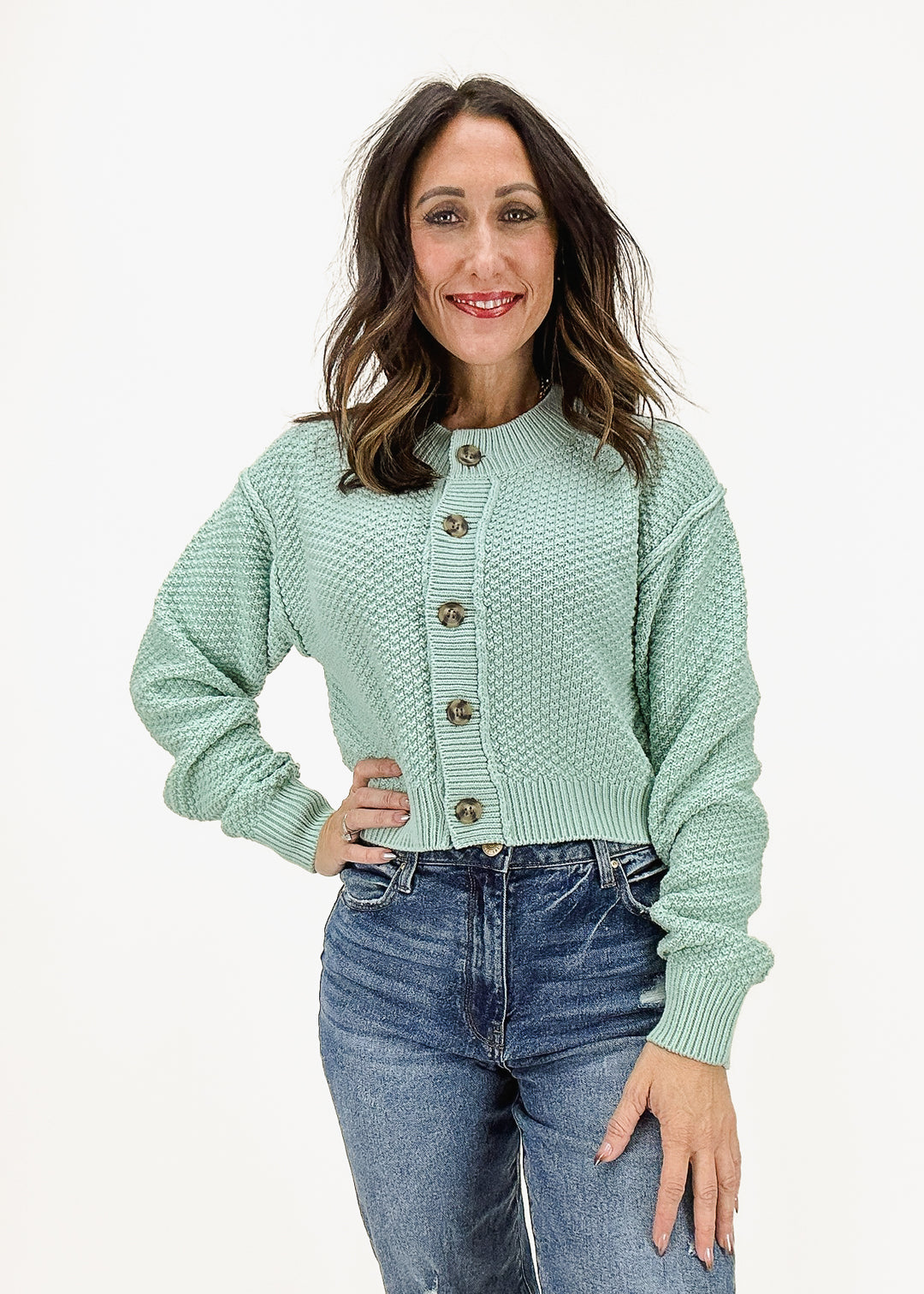 washed mint knit cropped cardigan with tortoise buttons