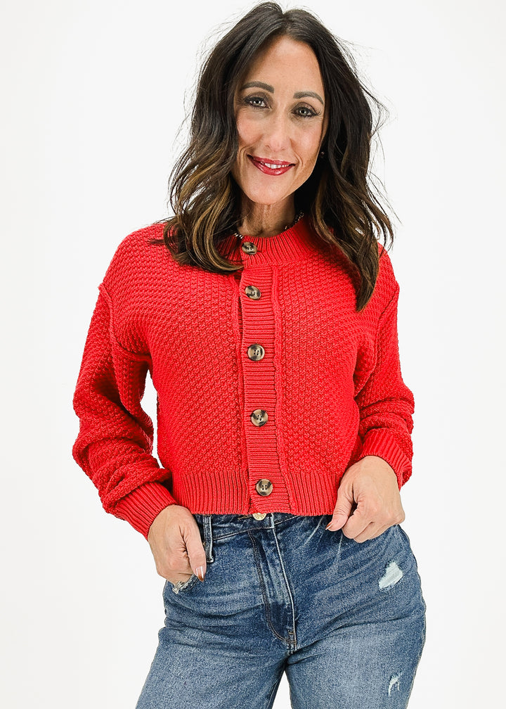 free people red button front textured knit cropped cardigan