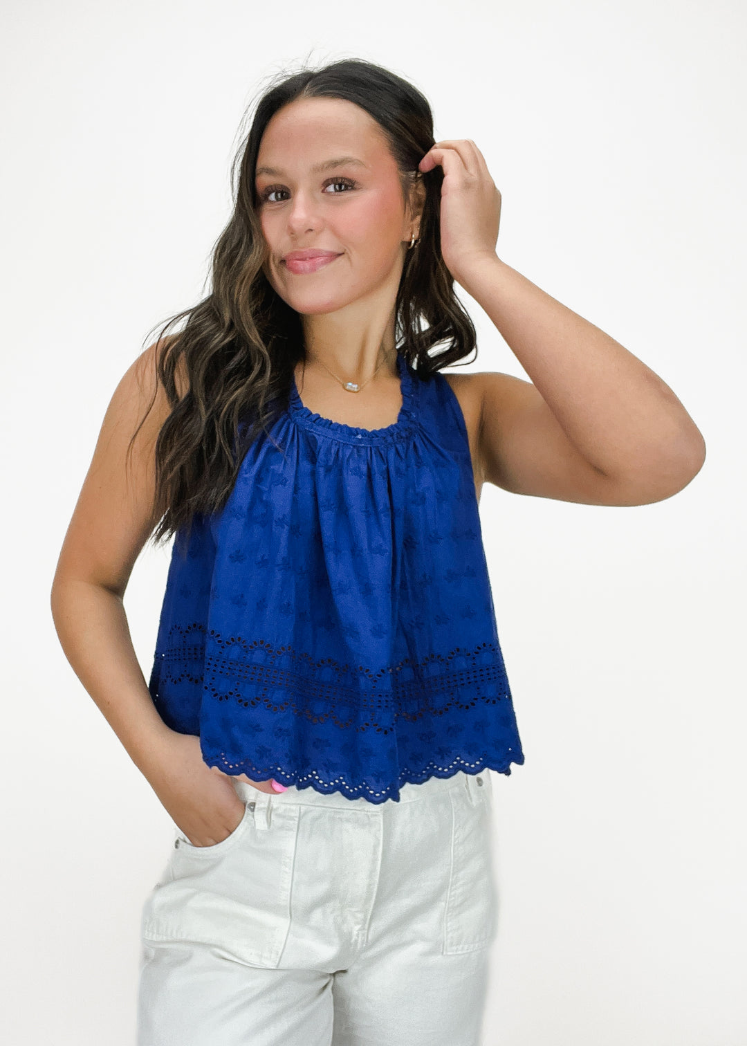 Free People blue loose fit tank top with eyelet details