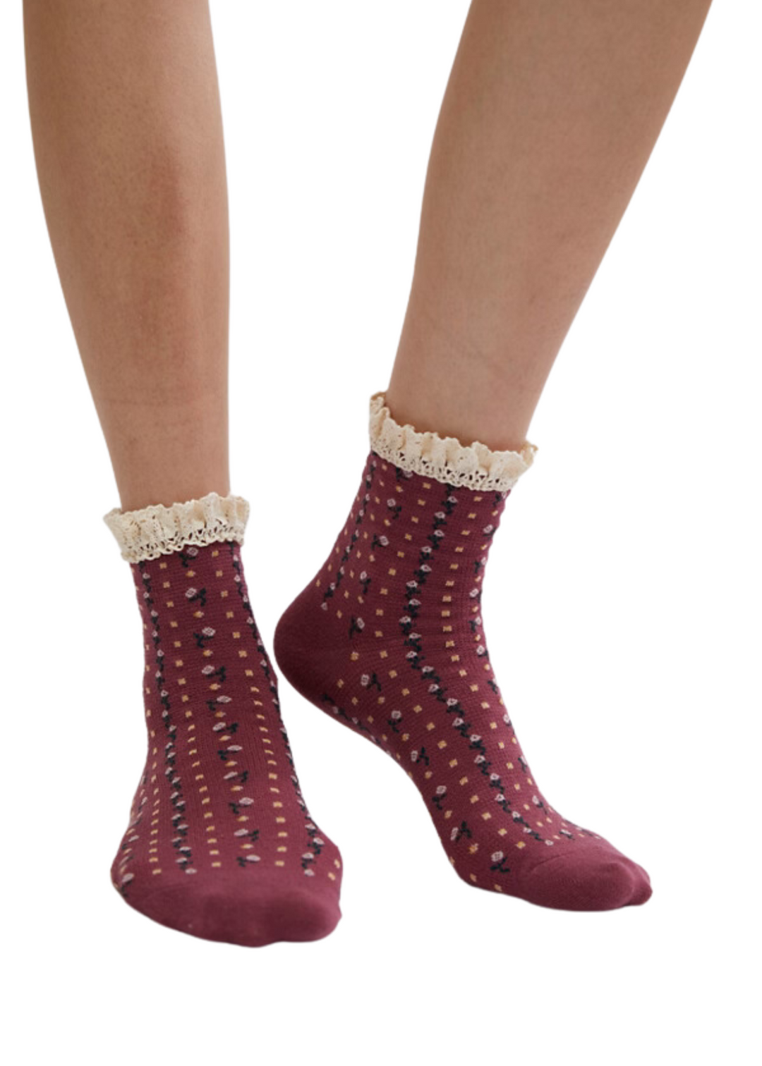 dark mauve waffle knit socks with little rose details and lace ruffle ankles