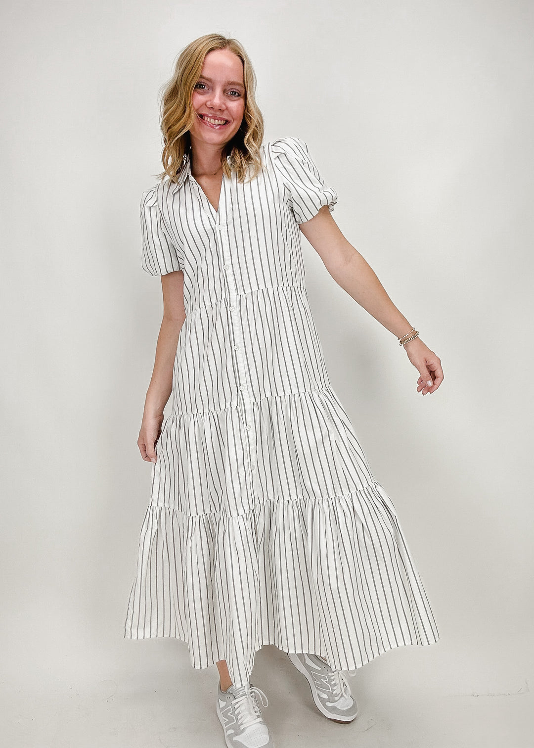 white and grey stripe button down tiered skirt puff sleeve collared maxi dress