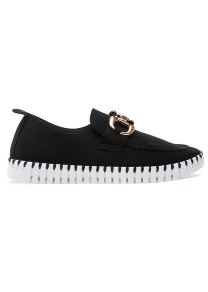 Ilse Jacobsen Tulip Perforated Slip-On Platform in Black/Gold Buckle