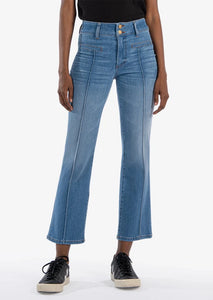 light medium wash ankle flare jeans with seam down front