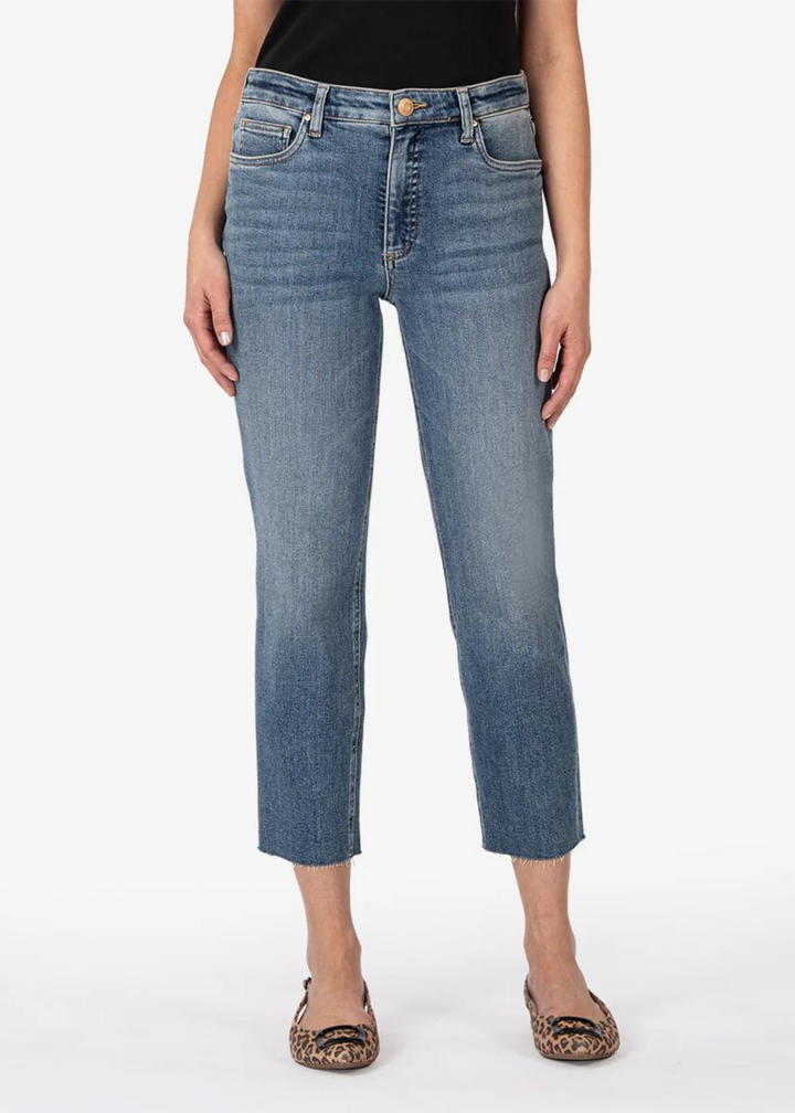 light medium wash high rise straight leg cropped denim mom jeans