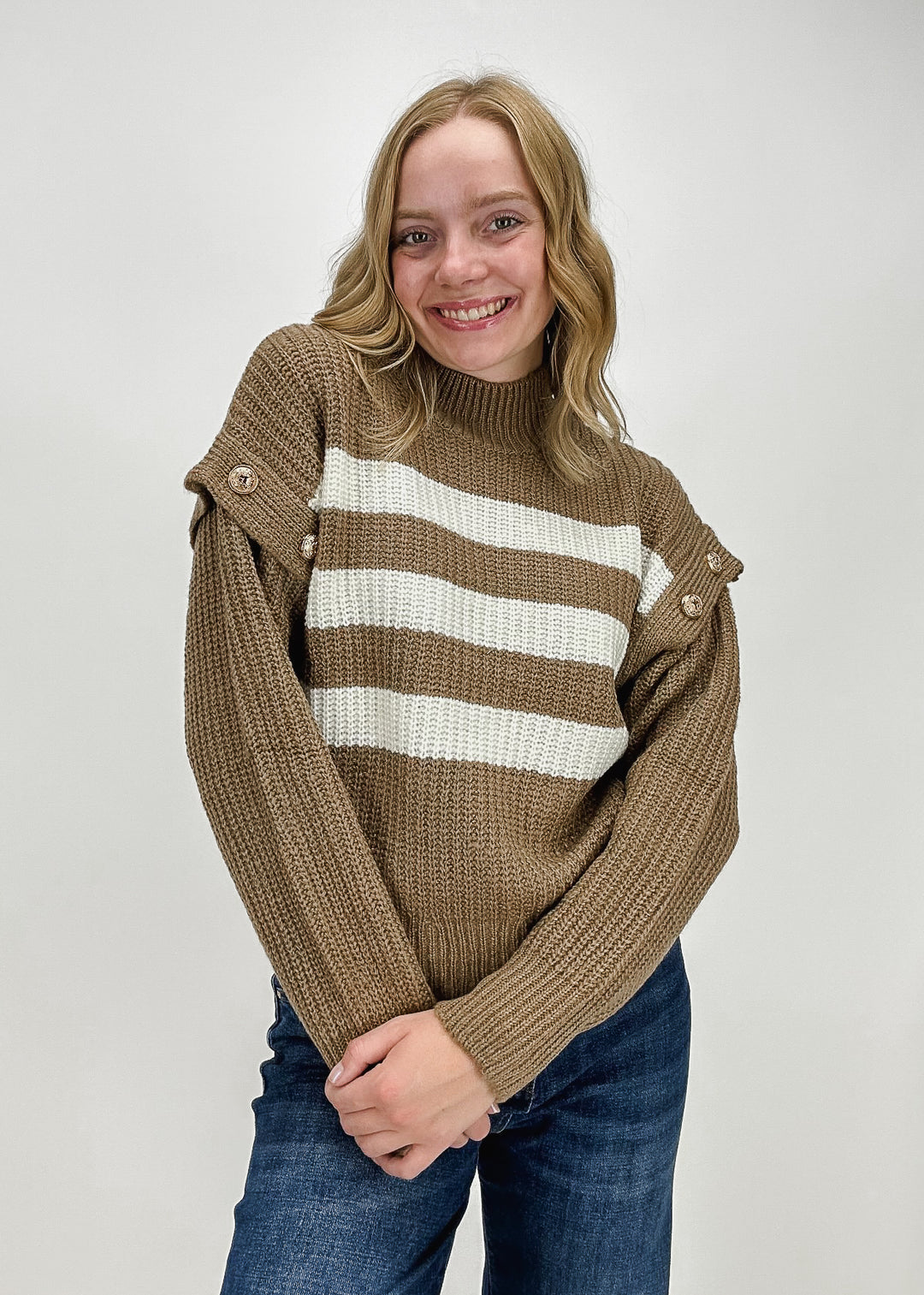 mocha and cream stripe sweater with button sleeve attachment details 