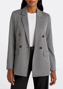 grey geometric checker print blazer with flap pockets 