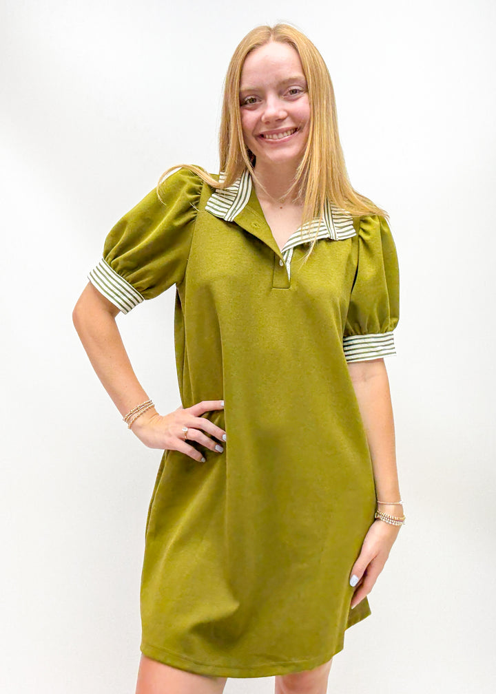 Women's olive green puff sleeve mini dress with stripe trim and ruffle collar